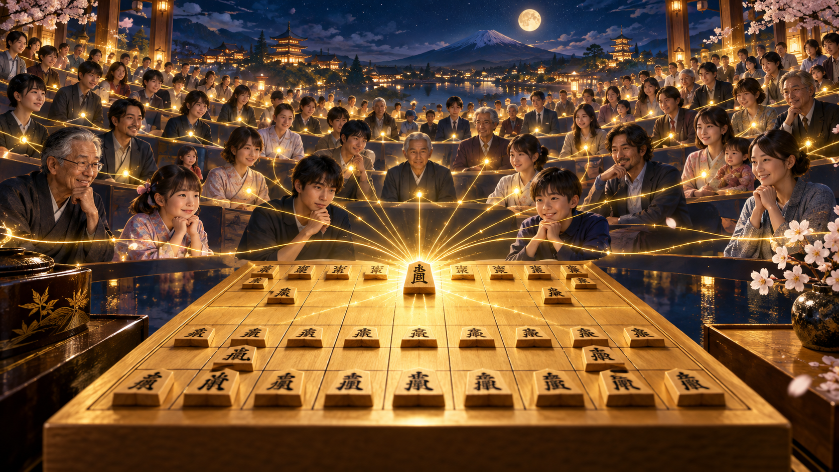 大勢の参加者の思いが一つの将棋盤へ集まるイメージ